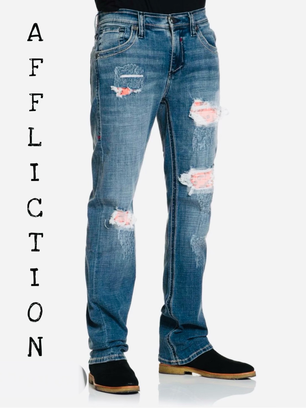 Affliction Men’s Cooper Straight Blue Jeans With Red Patch Distressing Nwt